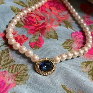 Marvella Vintage Oval Sapphire Halo Rhinestone Pearl Necklace w/Backdrop Pearls